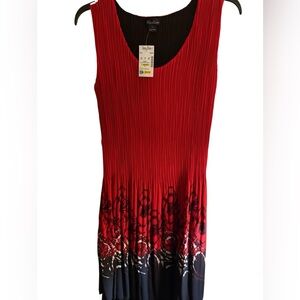 Caeliann Red Pleated Dress NWT Size L Sleeveless Ombré Black Floral